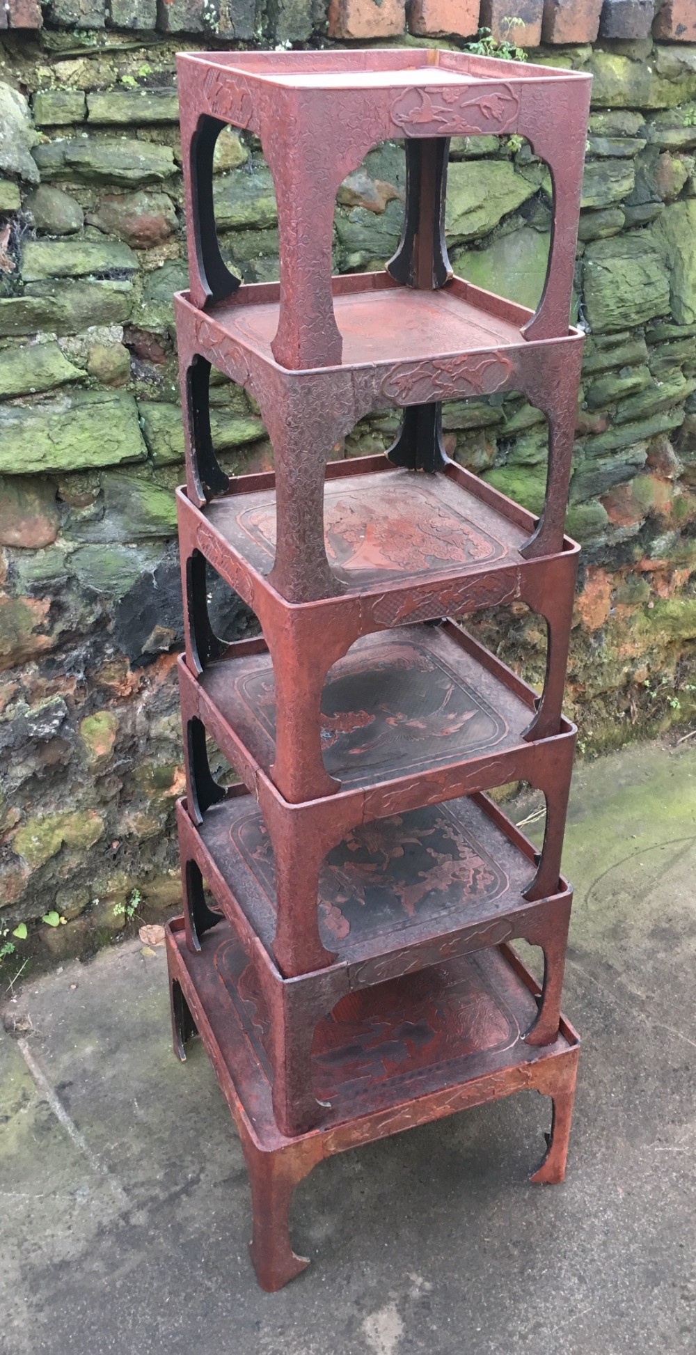 C19th cinnabar lacquered nest of stacking tables
