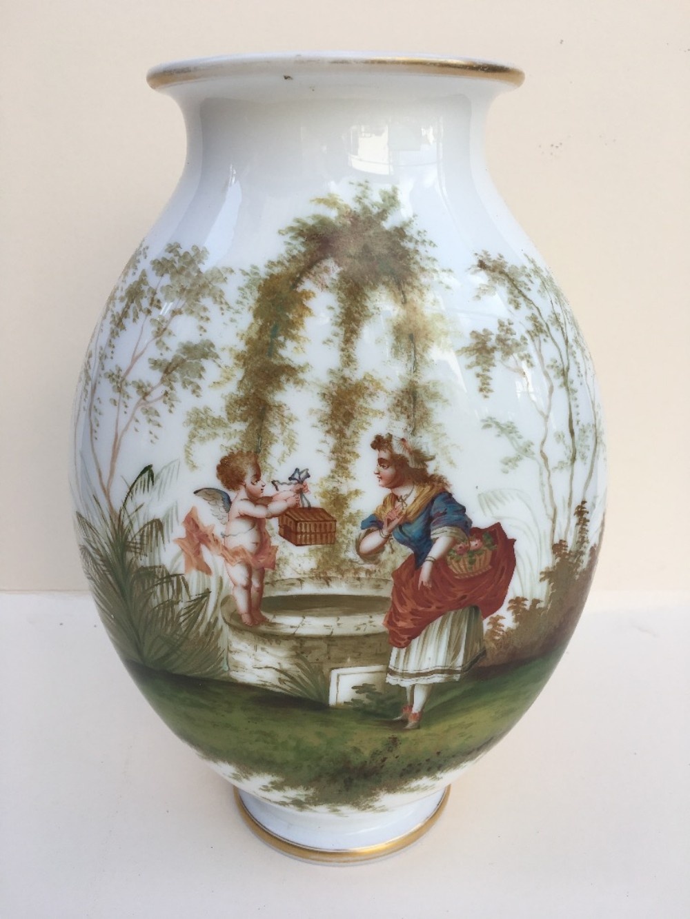 C19th opaline glass vase with hand painted scene.
