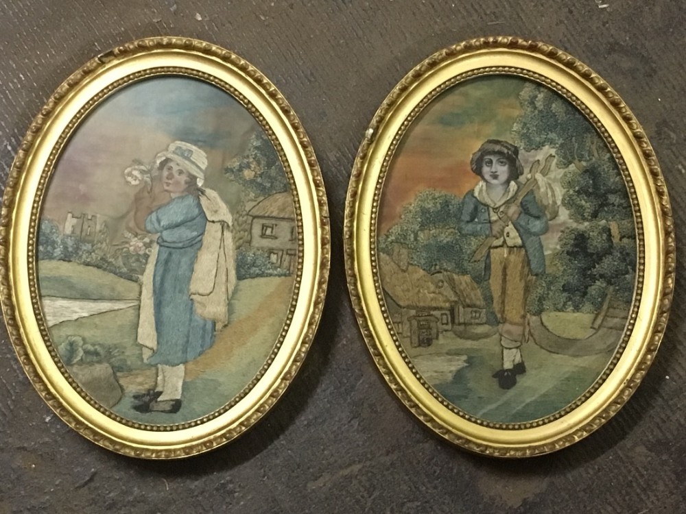 Pair of embroideries of a boy and a girl on silk