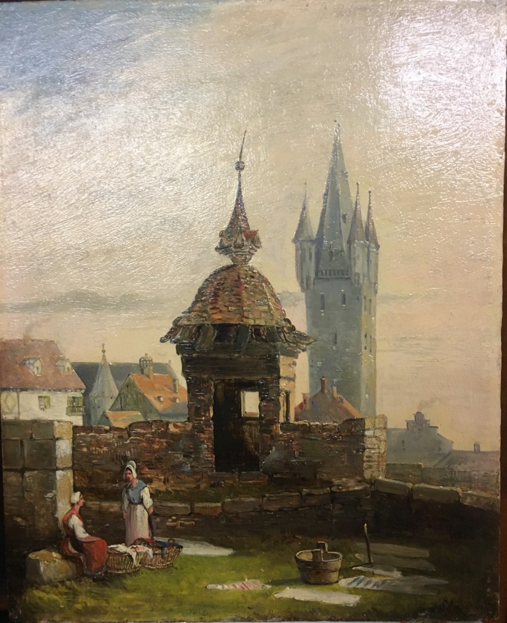 A fine oil painting of a continental scene entitled on the walls
