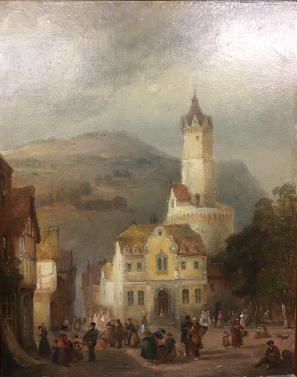 Oil on board, continental town scene