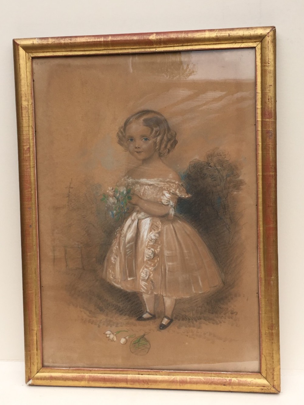 C19th pastel of a girl in original gilt frame