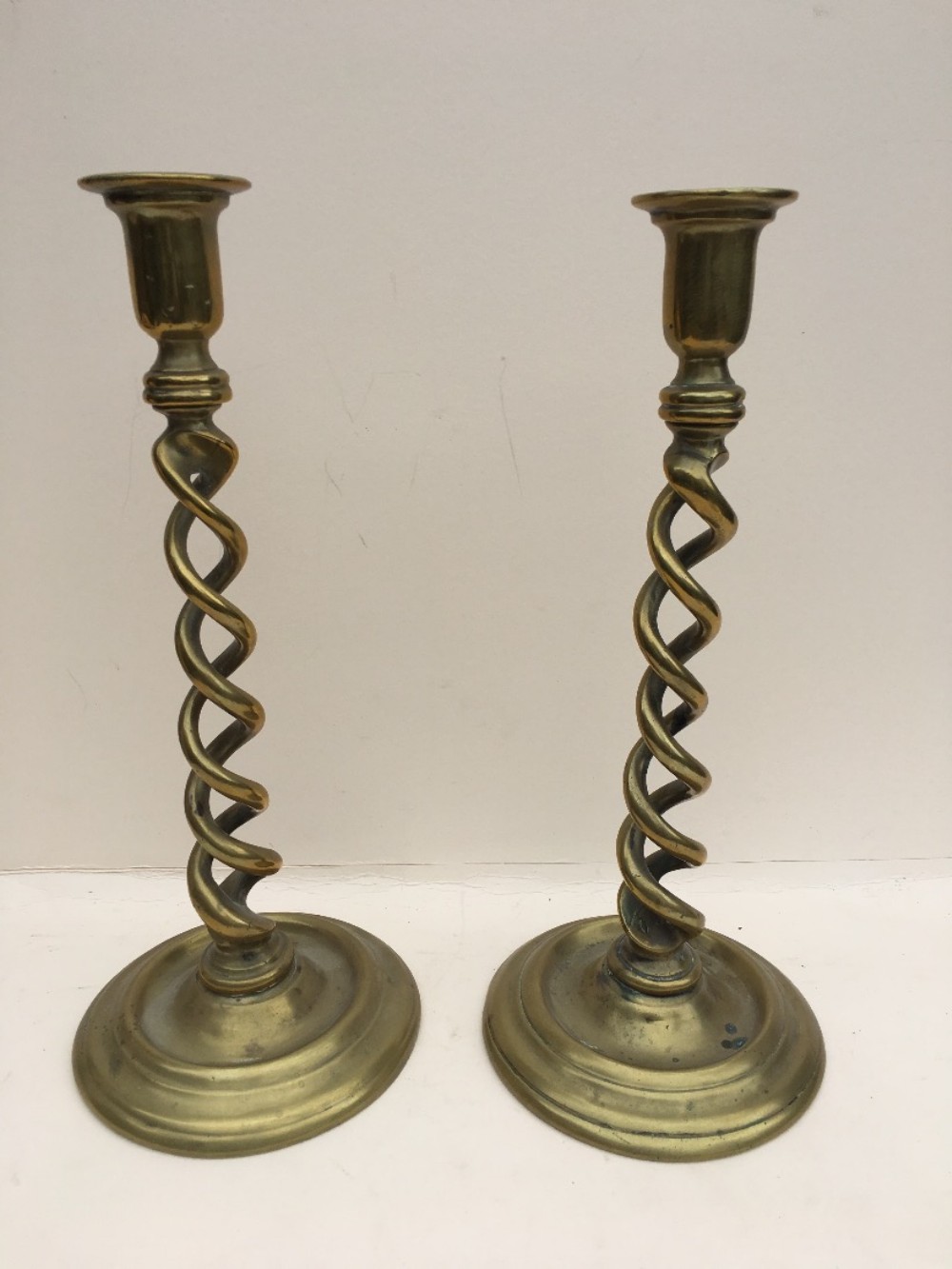 C19th tall brass double barleytwist column candlesticks