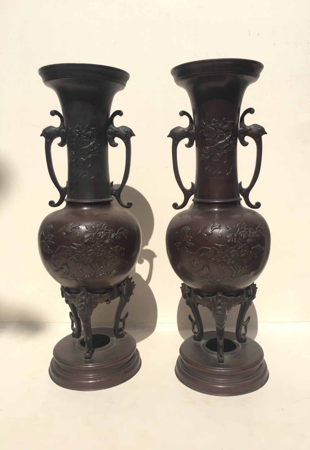C19th pair of large Japanese bronze vases