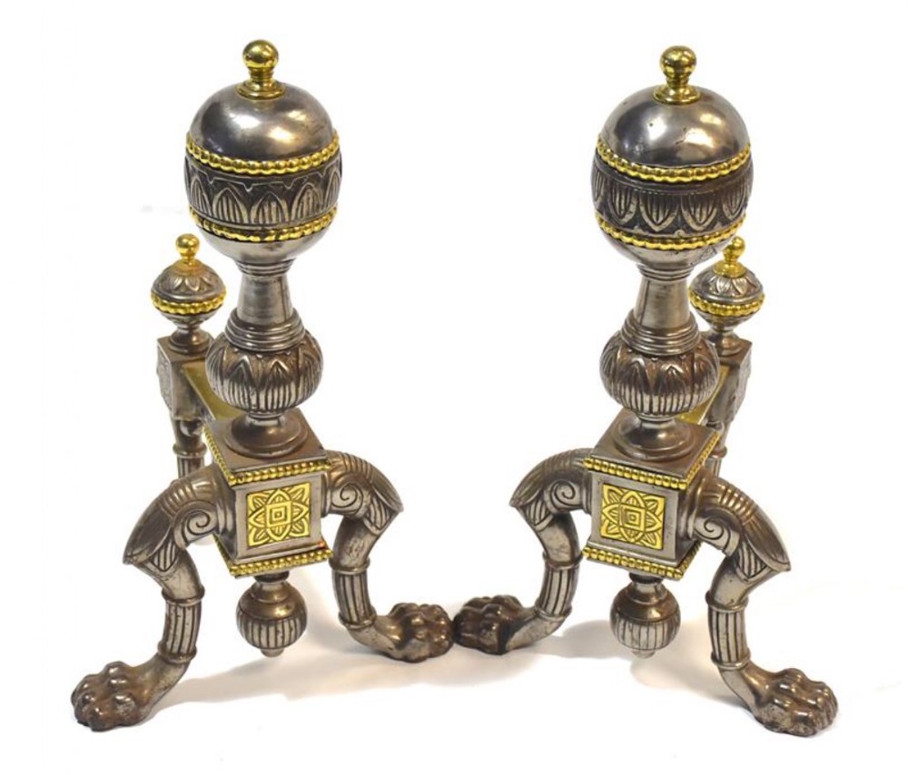 Pair of steel and brass fire dogs