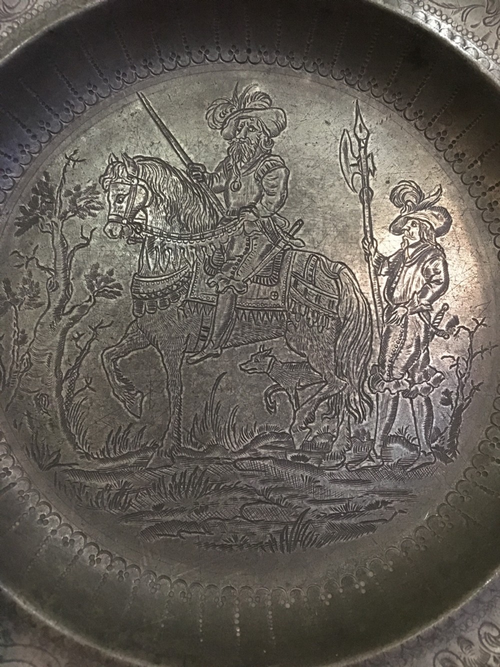 A pair of pewter engraved plates View XV
