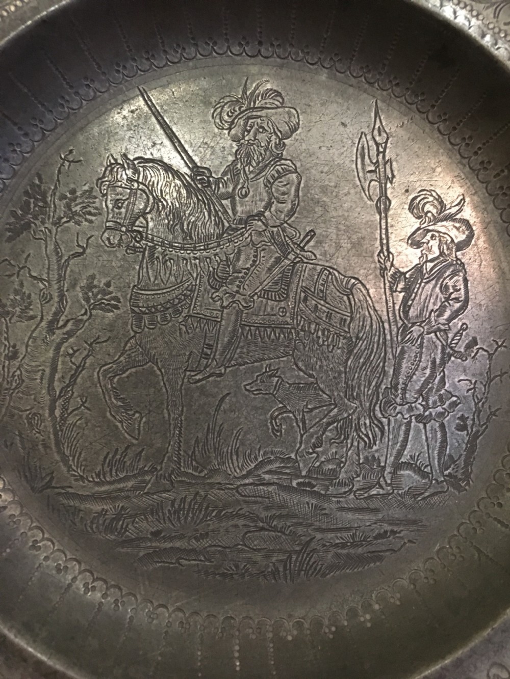 A pair of pewter engraved plates View XVI