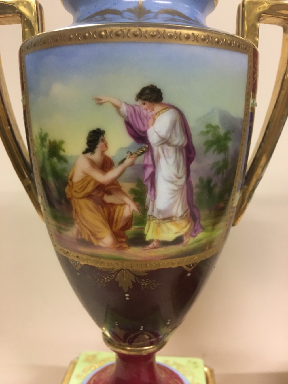 Pair of royal Vienna urns on stands View III