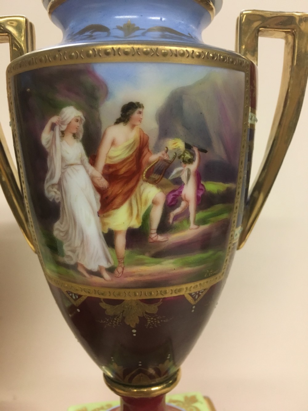 Pair of royal Vienna urns on stands View IV