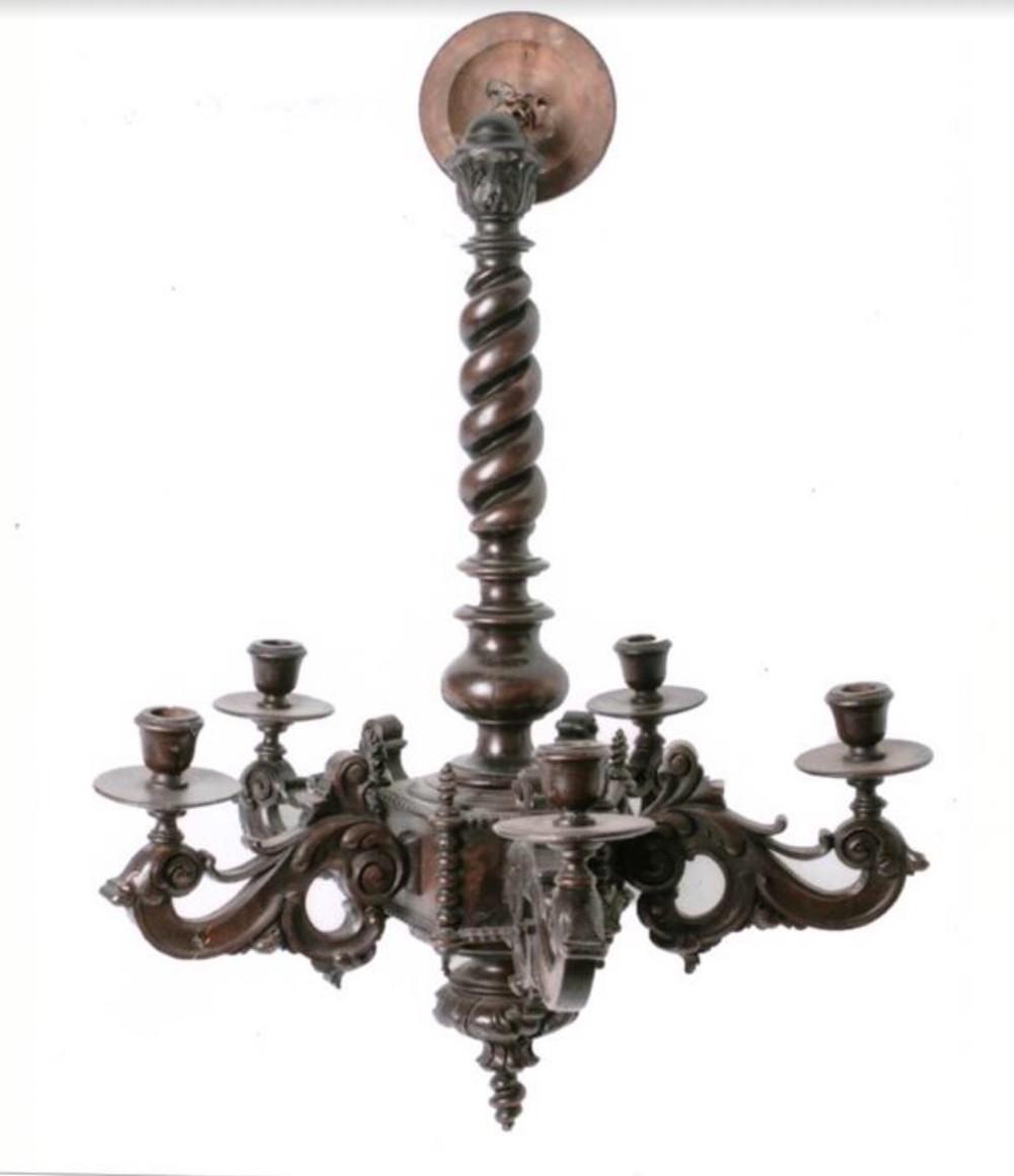 Carved walnut 5 branch chandelier