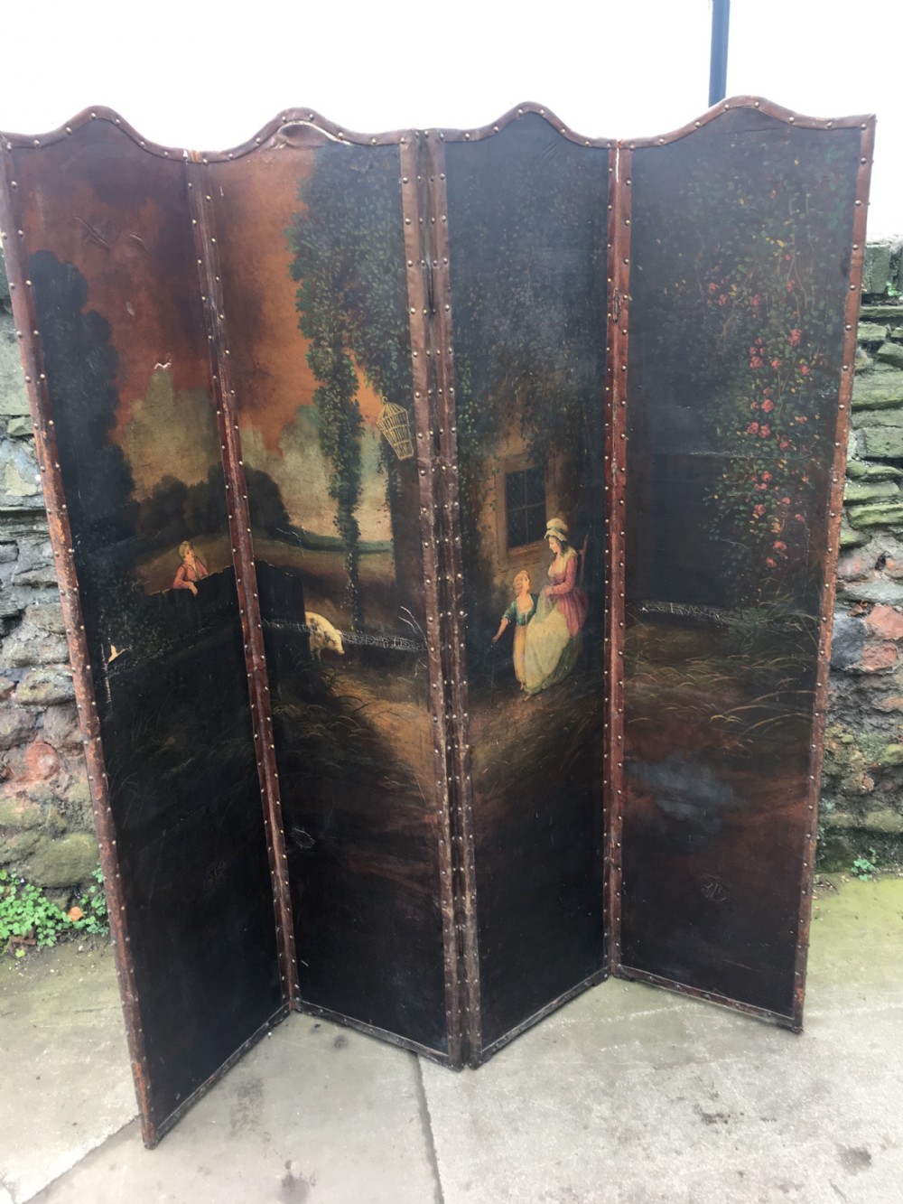 C19th hand painted four fold screen View IX