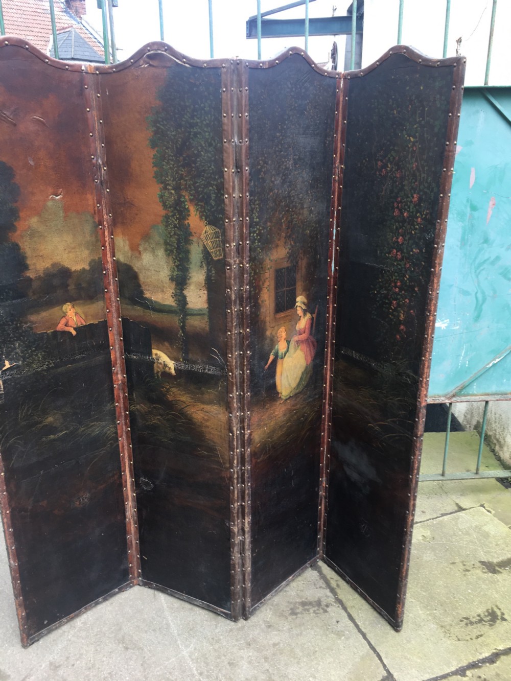 C19th hand painted four fold screen View X