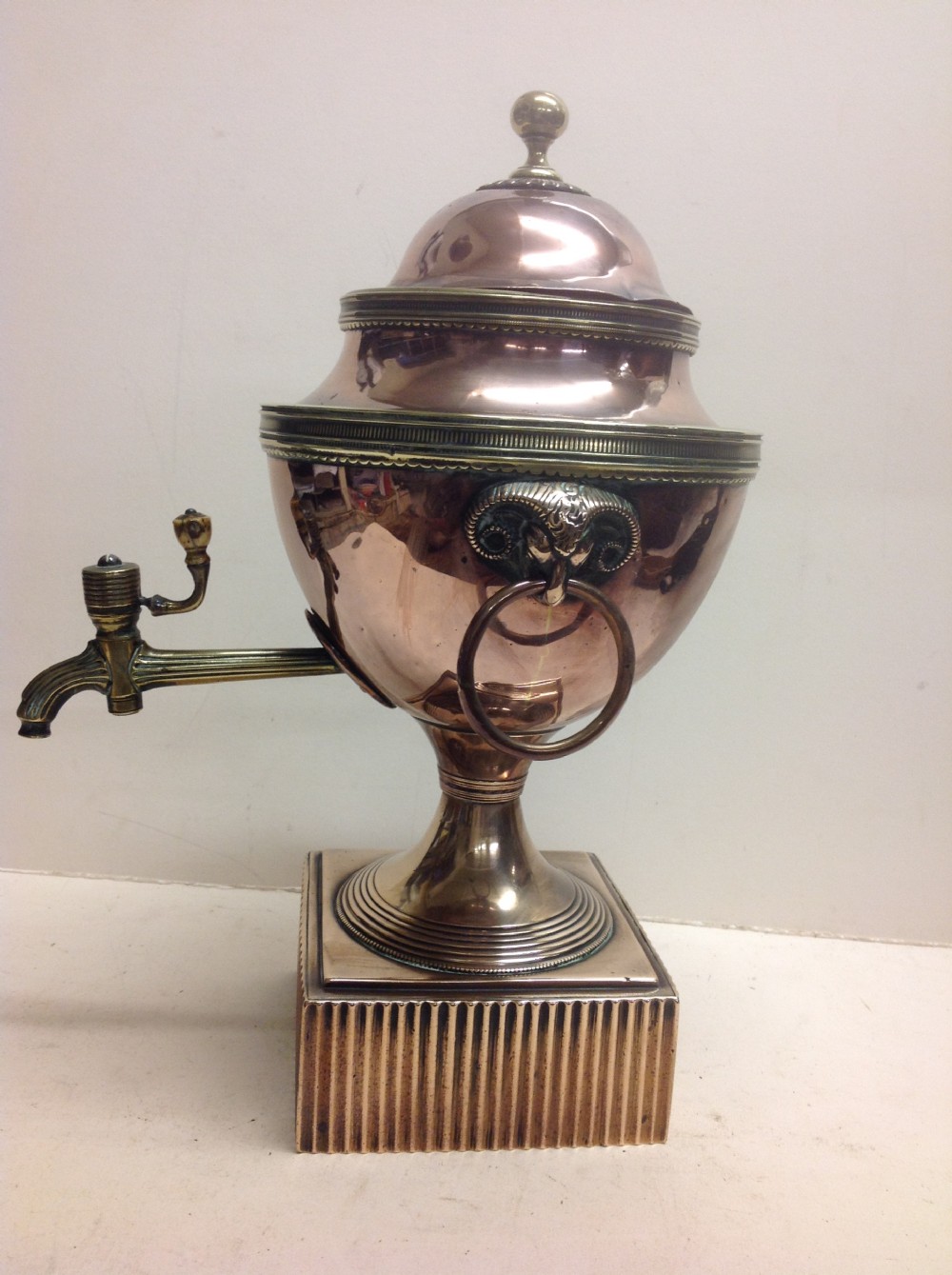 Regency copper and brass Adam period tea urn  View III