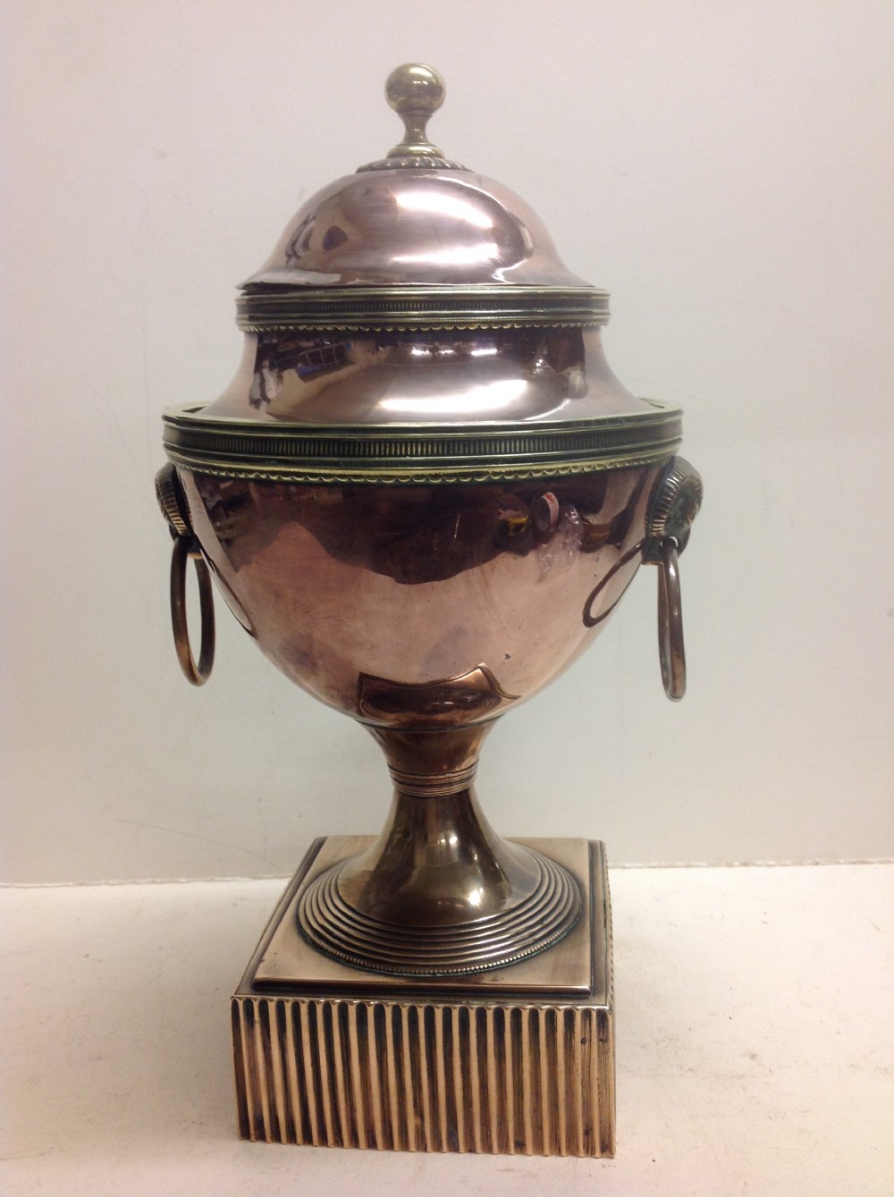 Regency copper and brass Adam period tea urn  View IV