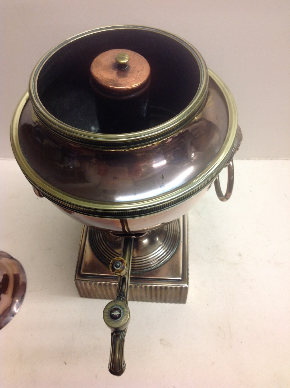 Regency copper and brass Adam period tea urn  View V