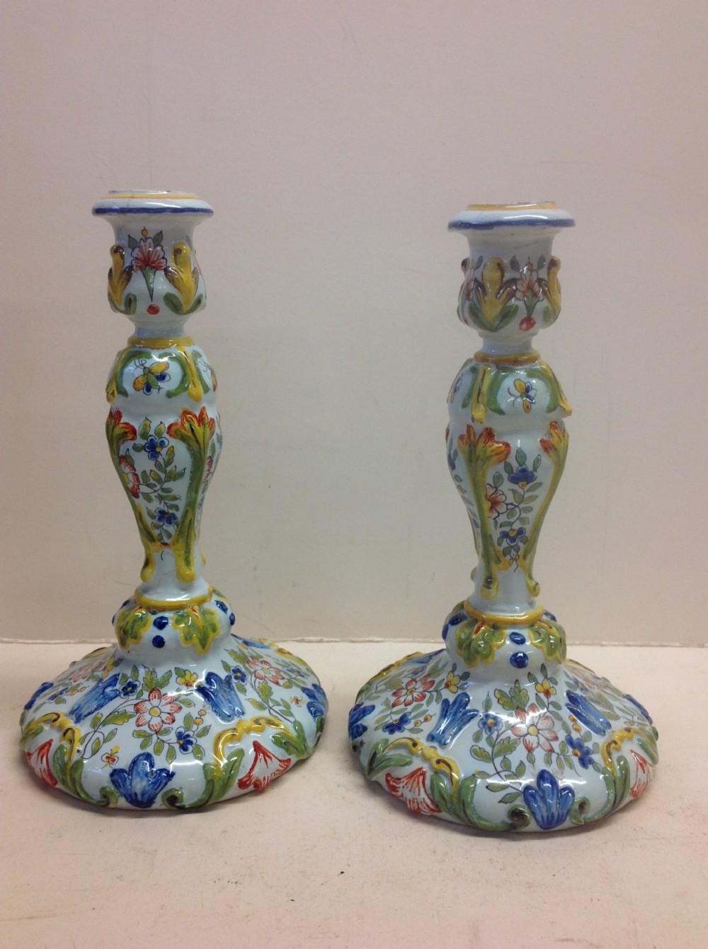 Pair of French faïence candlesticks 