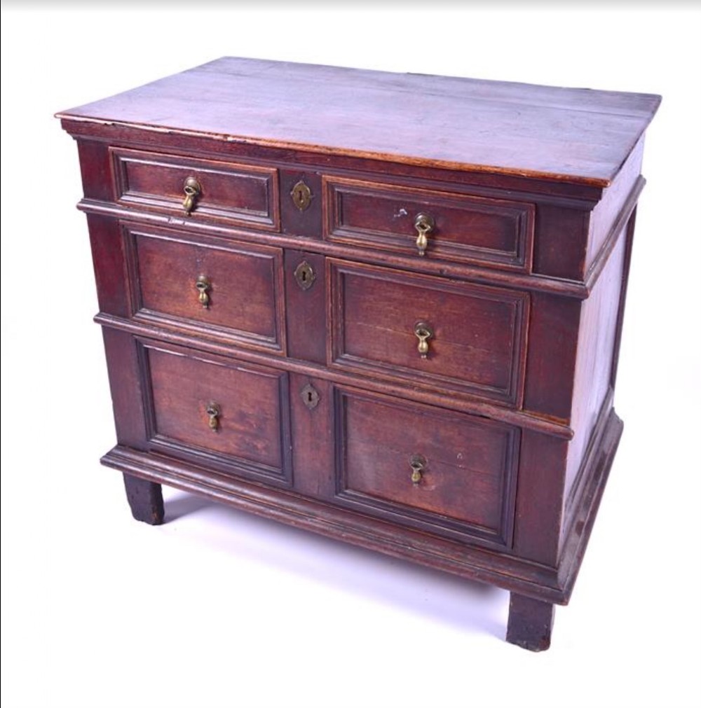 A late C17th oak chest of three drawers 97cms wide
