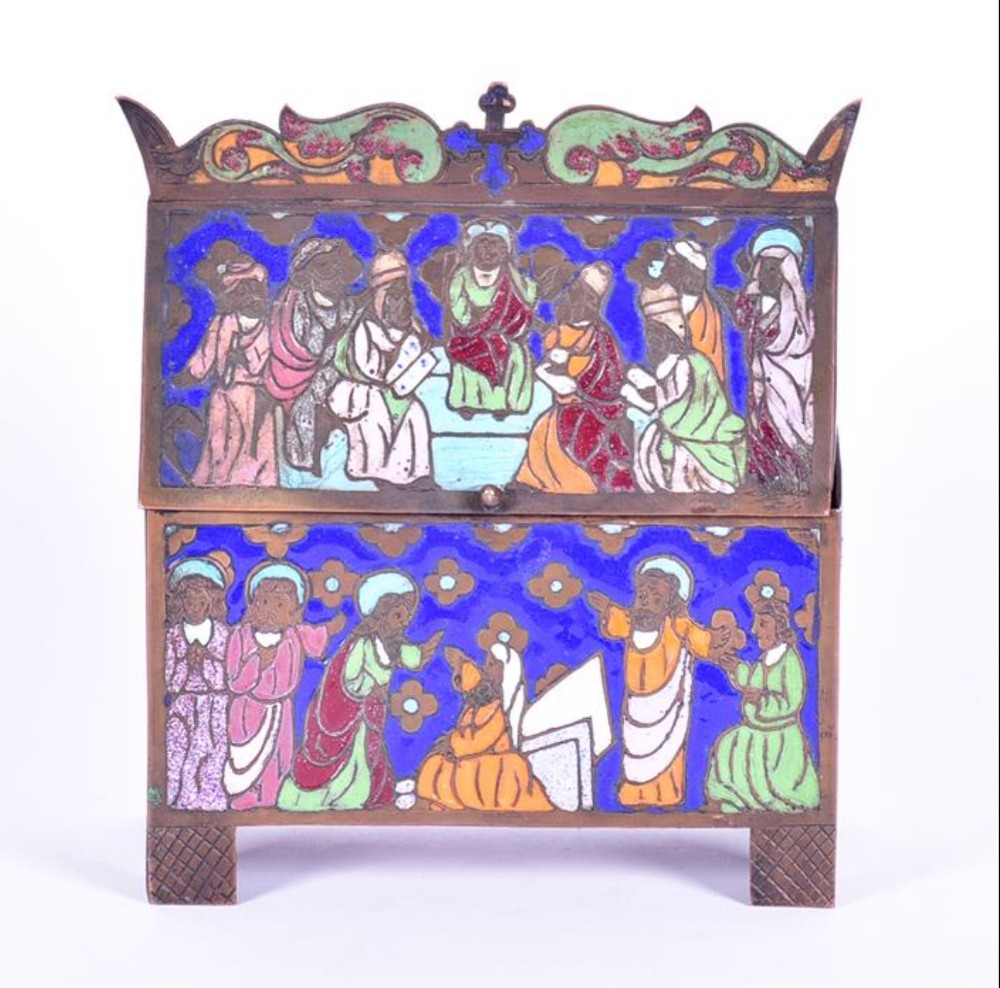 A C19th copper and enamel work replica of a c13th Limoges chase or reliquary casket