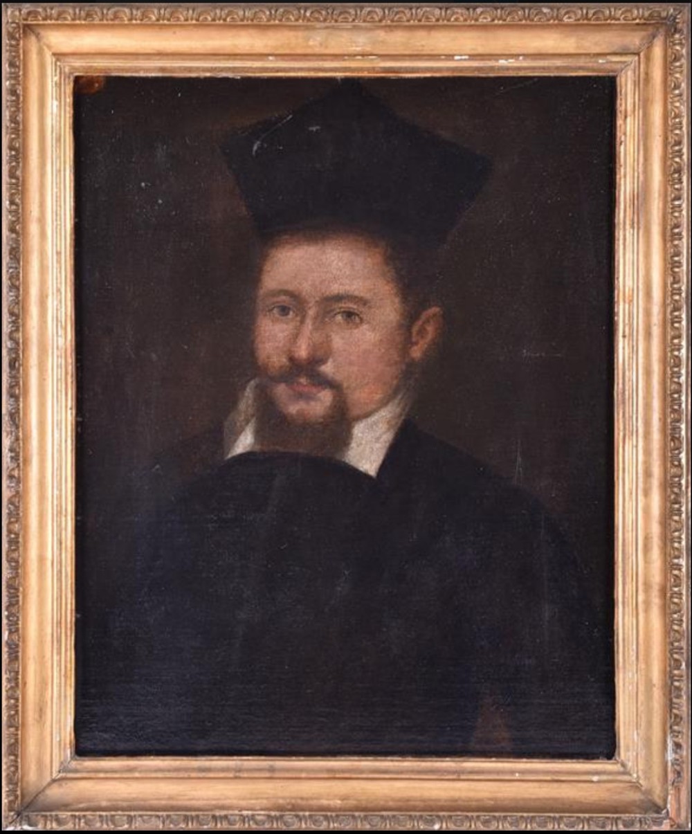 C18th oil painting on canvas of a priest in carved giltwood frame.