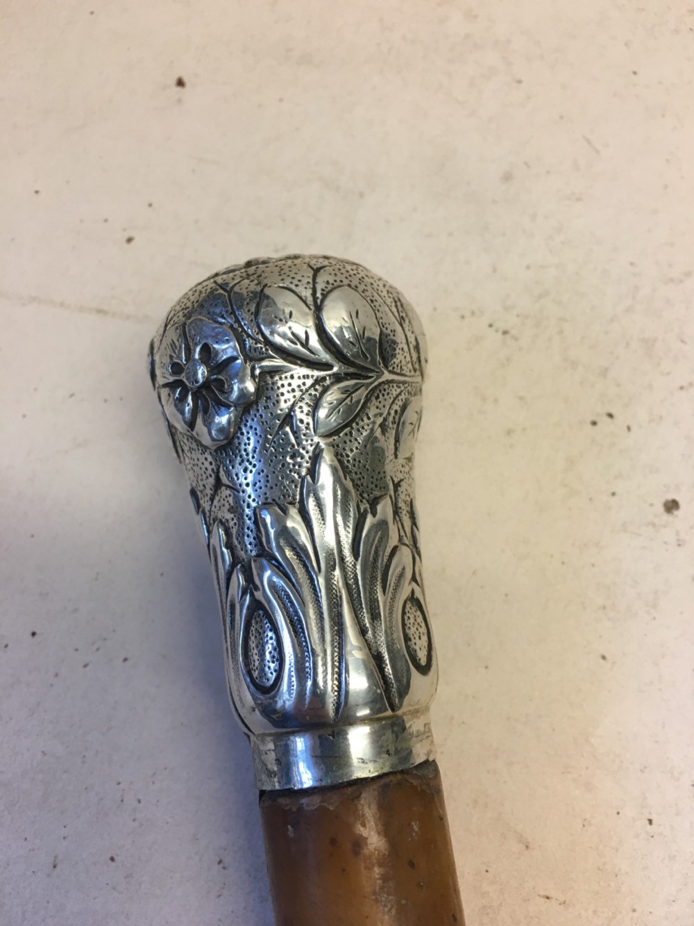 C19th walking cane with white metal embossed handle View III