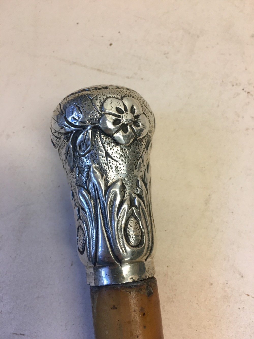 C19th walking cane with white metal embossed handle View IV