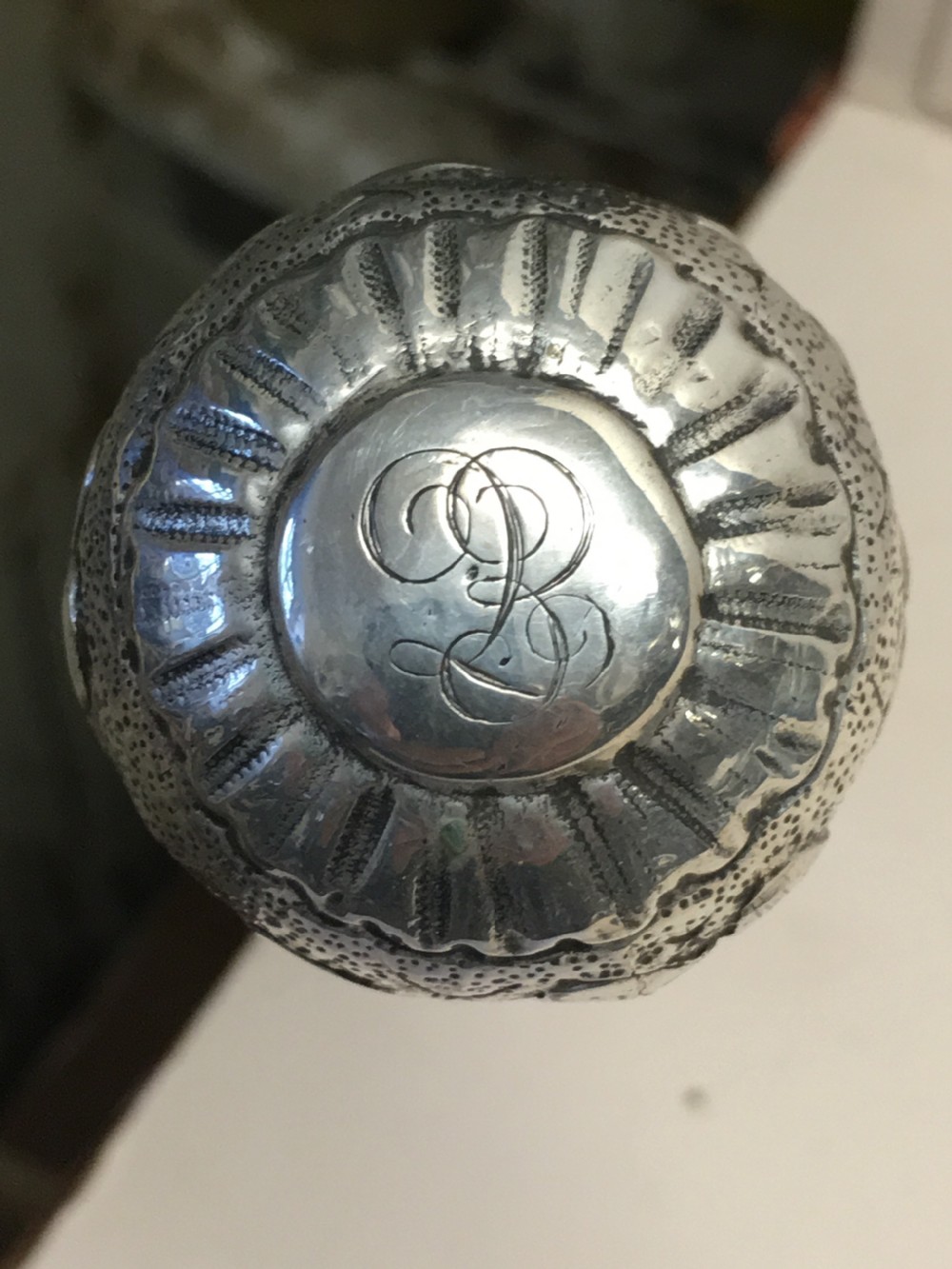 C19th walking cane with white metal embossed handle View V