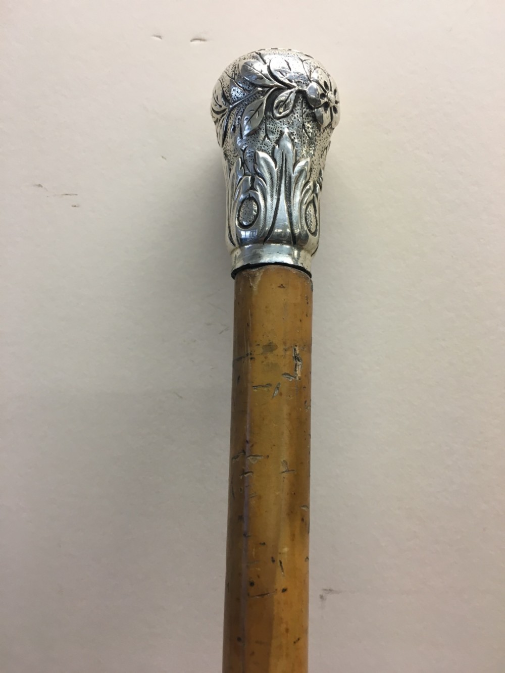 C19th walking cane with white metal embossed handle View IX