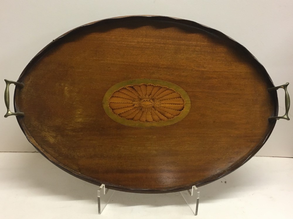 Edwardian inlaid oval tray with brass handles View II