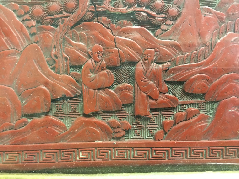 C19th cinnabar lacquered panel in carved gilt wood frame View III