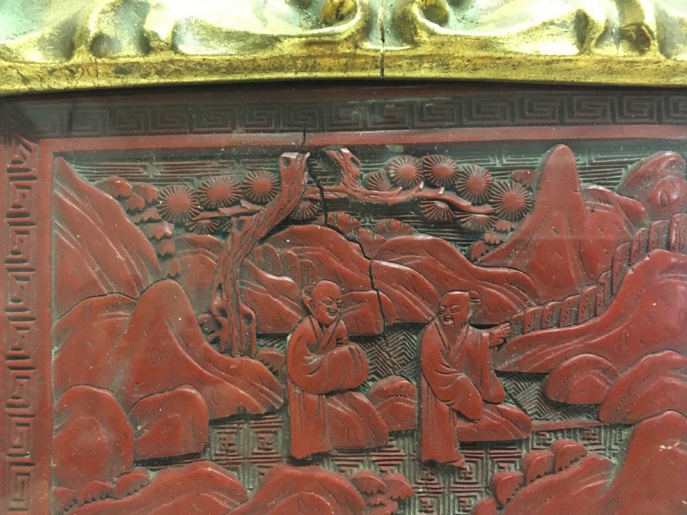 C19th cinnabar lacquered panel in carved gilt wood frame View IV