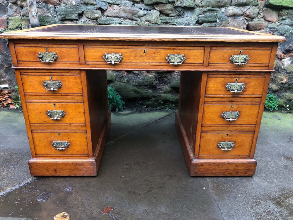 C19th golden oak pedestal desk View VIII