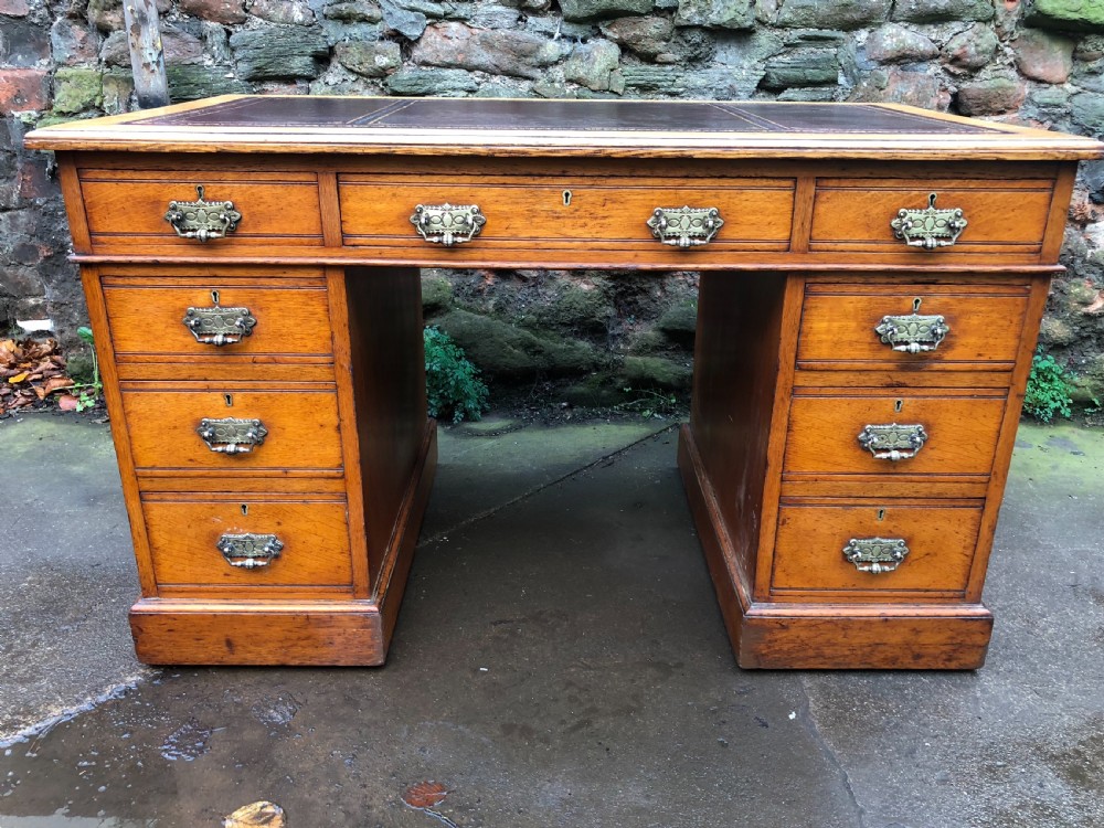 C19th golden oak pedestal desk View IX