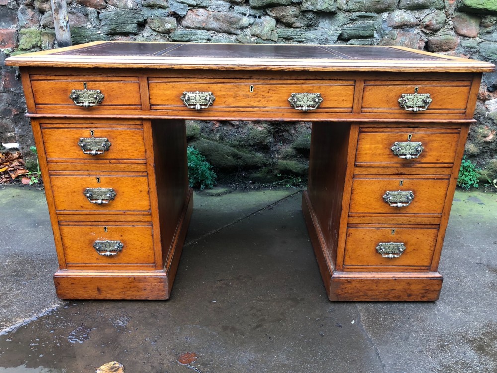 C19th golden oak pedestal desk View X
