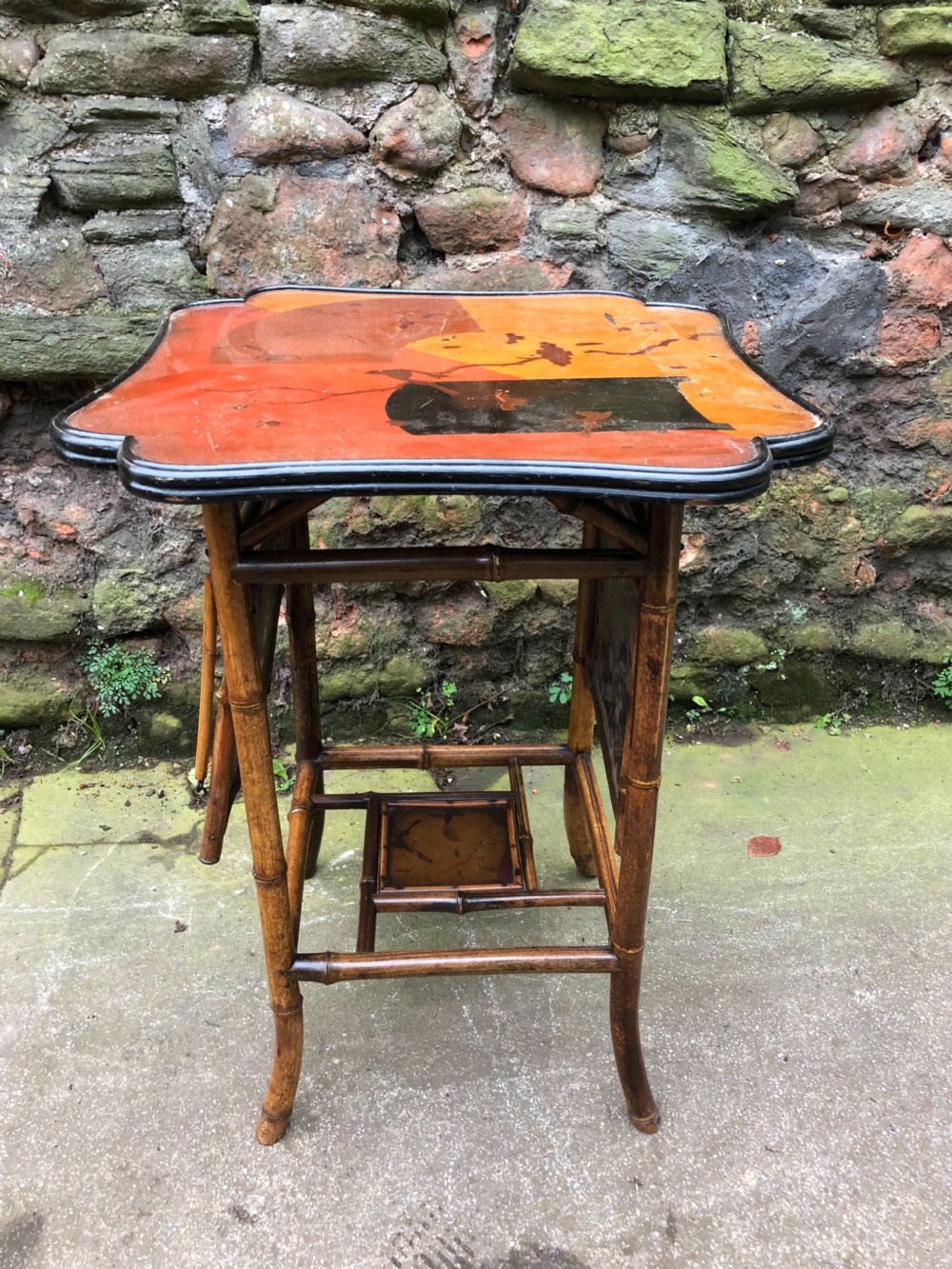 Edwardian lacquered bamboo table with two adjustable shelves View II