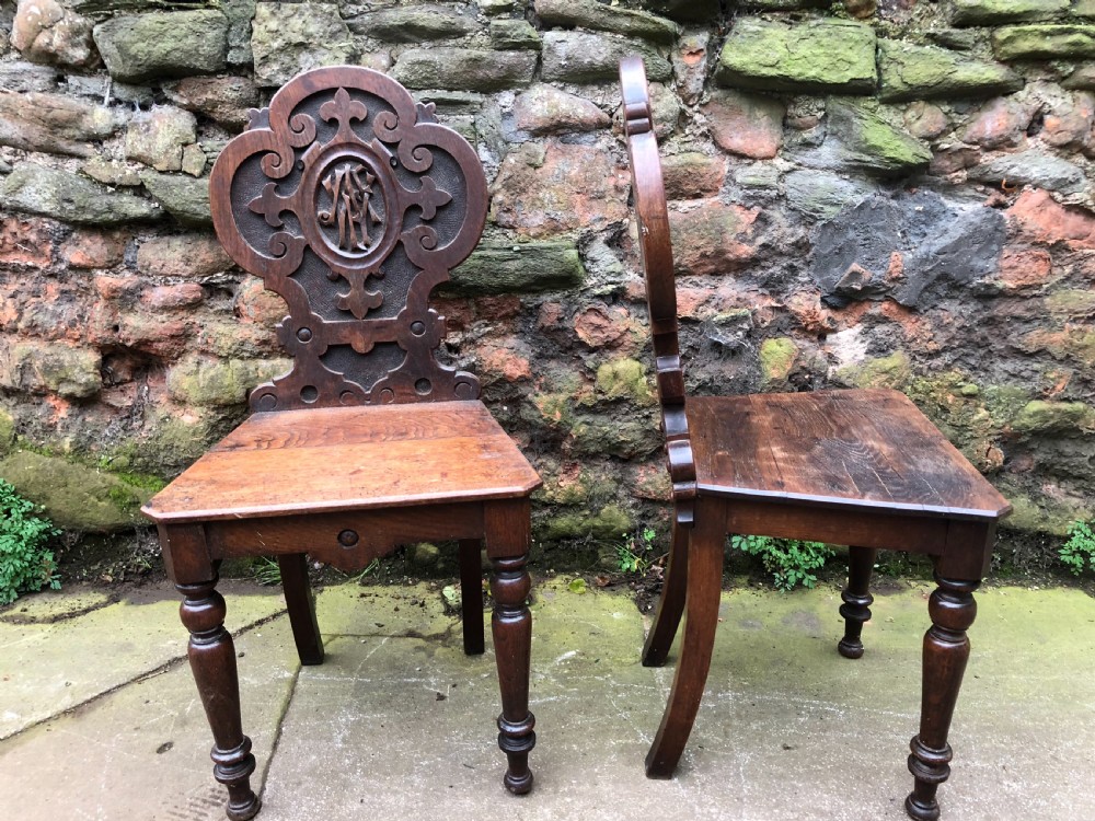 C19th pair of oak hall chairs View IV