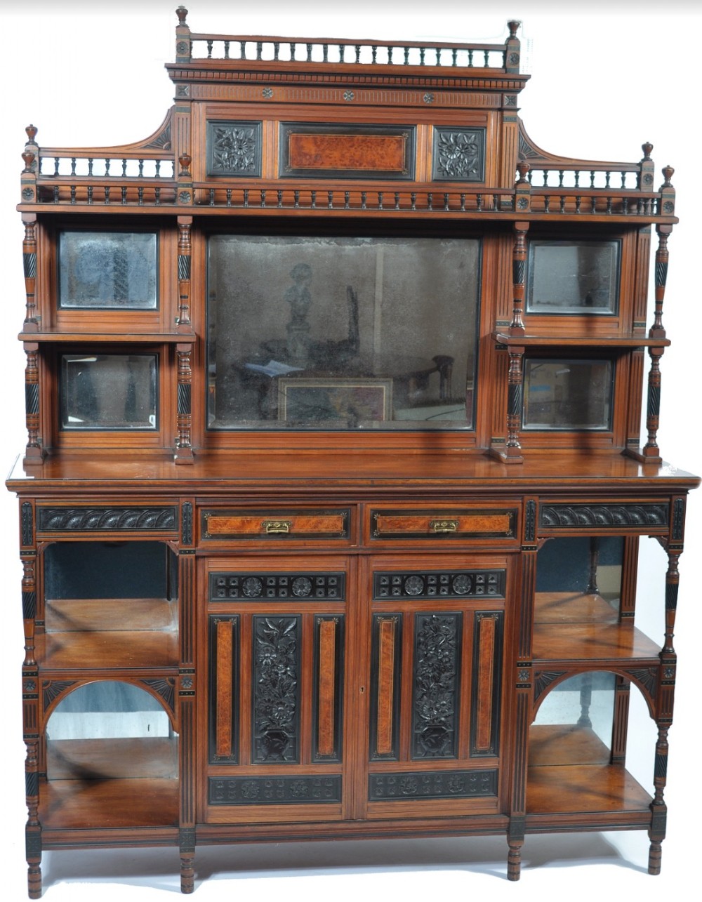 C19th Aesthetic movement display cabinet in walnut, ebony and thuya wood.