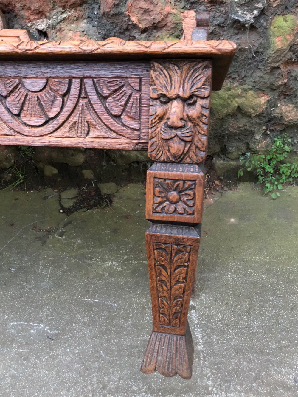 C19th oak carved hall bench  View IV
