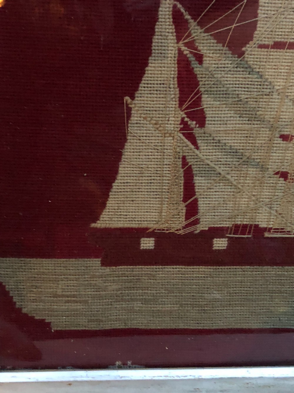 C19th woodwork picture of a three masted clipper View II