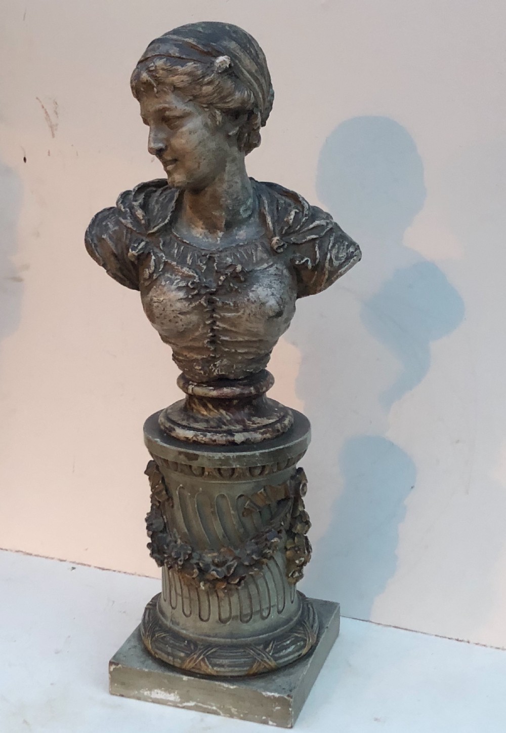 C19th painted plaster bust on carved wooden stand  View IV