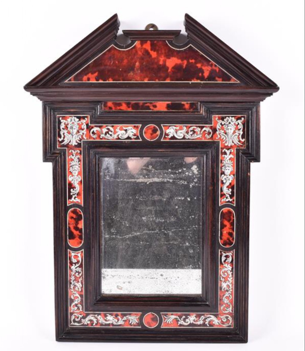 Small C18th mirror with tortoishell and ivory inlay with a pedimented top