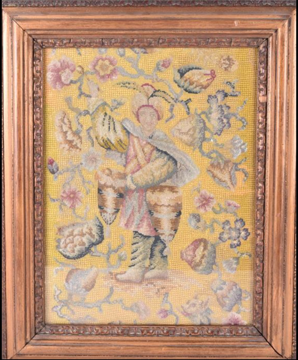 C18th woolwork fragment framed and glazed 