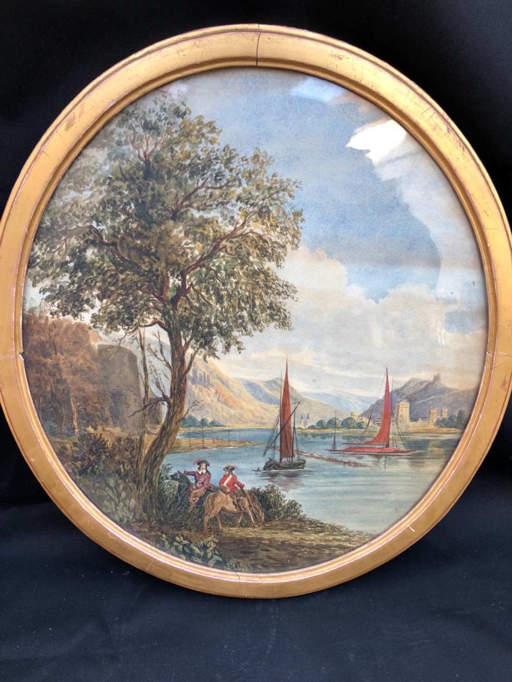 C19th polish watercolour river scene with officers 