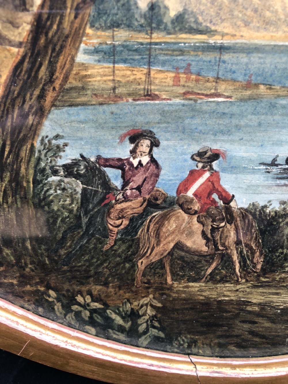C19th polish watercolour river scene with officers  View III