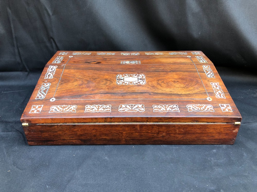 C19th rosewood writing slope inlaid with mother of pearl shell. View II