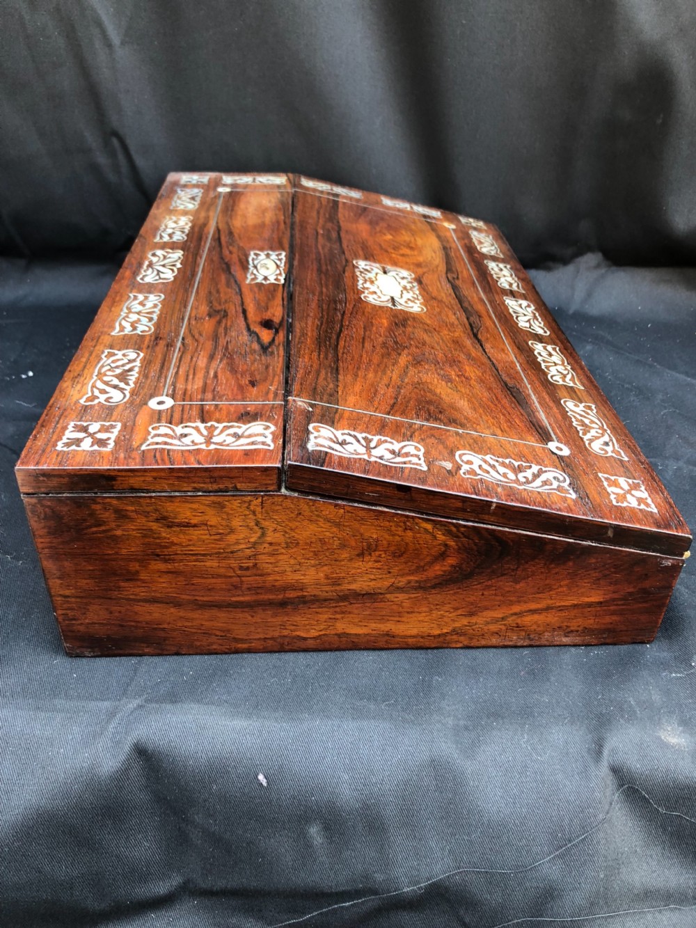 C19th rosewood writing slope inlaid with mother of pearl shell. View III