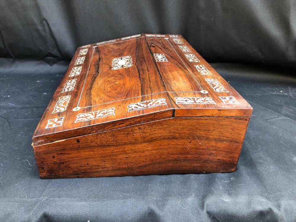 C19th rosewood writing slope inlaid with mother of pearl shell. View IV