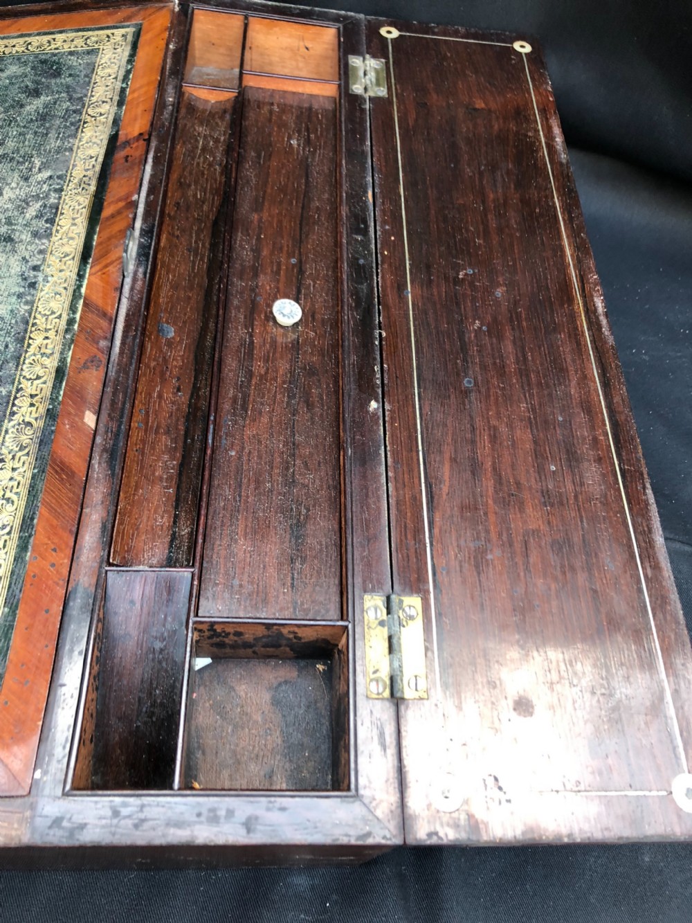 C19th rosewood writing slope inlaid with mother of pearl shell. View XII