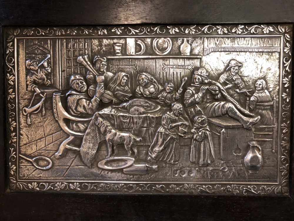 Framed silver Dutch HM plaque of painting after Teniers by Van Kempen