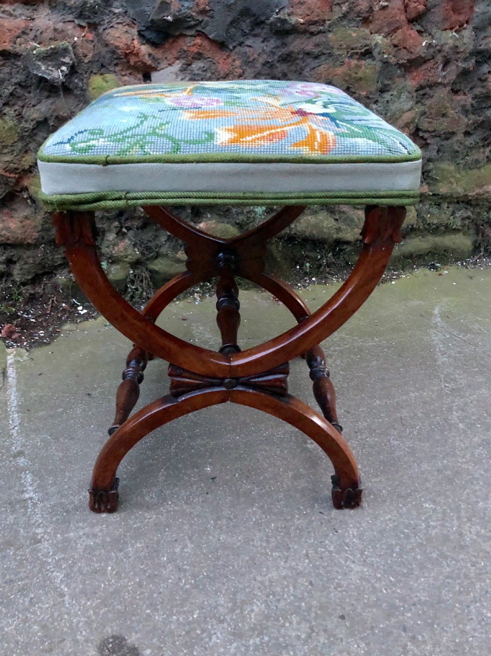 C19th small rosewood X framed stool with tapestry cover View II