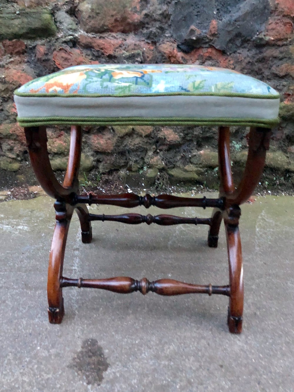 C19th small rosewood X framed stool with tapestry cover View III